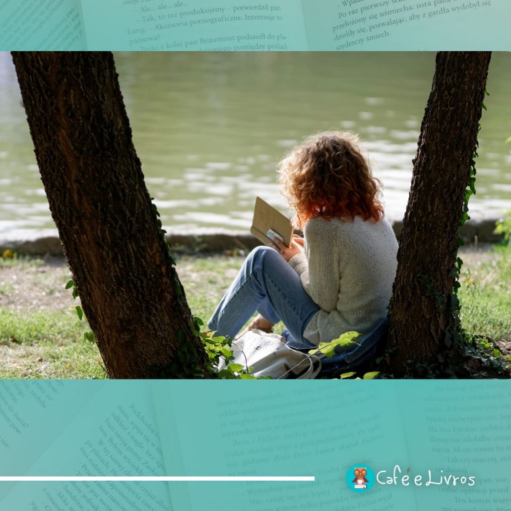 Mulher lendo um livro à beira de um lago