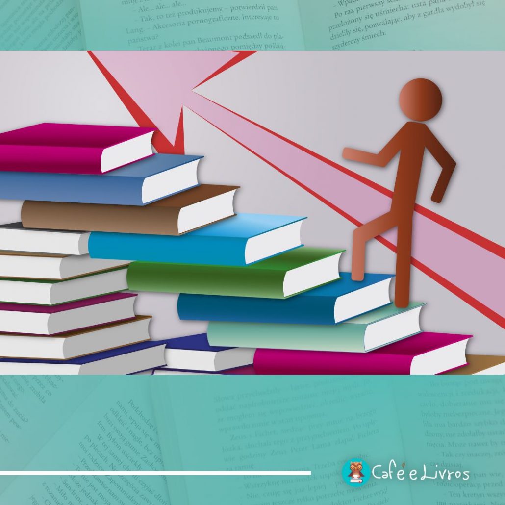 Desenho de uma silhueta humana subindo uma escada feita de livros