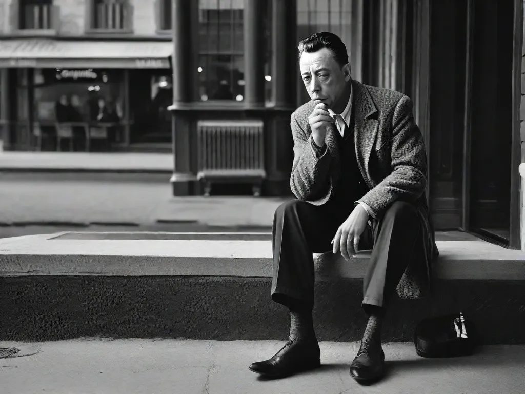 Uma fotografia em preto e branco capturando a essência de Albert Camus. A imagem mostra um homem contemplativo, com um cigarro na mão, olhando para o horizonte com um olhar penetrante. Sua expressão intensa reflete a profundidade de seus pensamentos filosóficos e as complexidades de suas obras literárias.