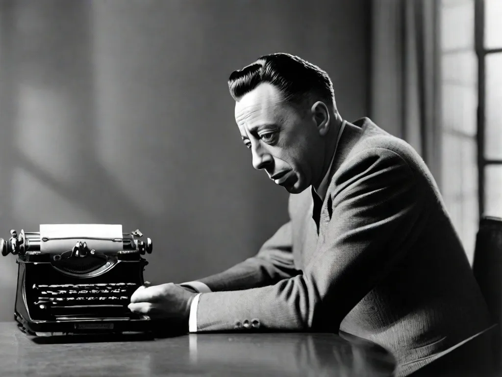 Descrição da imagem: Uma fotografia em preto e branco de Albert Camus, o renomado filósofo e escritor francês. Ele está capturado em uma pose pensativa, sentado em uma mesa com uma máquina de escrever na frente dele. A imagem exala profundidade intelectual e contemplação, refletindo as contribuições filosóficas de Camus e seu gênio literário.