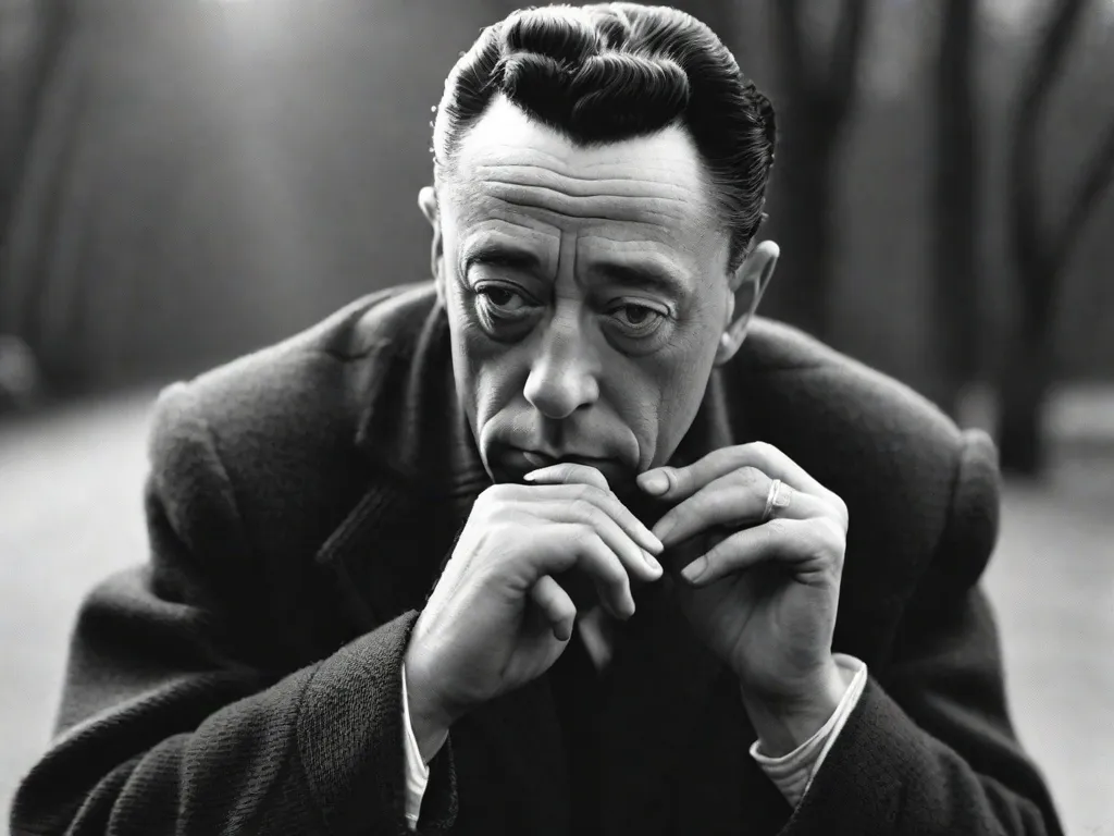 Imagem: Uma fotografia em preto e branco de Albert Camus, o renomado filósofo e autor francês, é capturada em uma pose pensativa. Seu olhar intenso reflete sua natureza introspectiva, enquanto o cigarro entre seus dedos simboliza sua filosofia existencialista e sua busca constante por significado em um mundo absurdo.