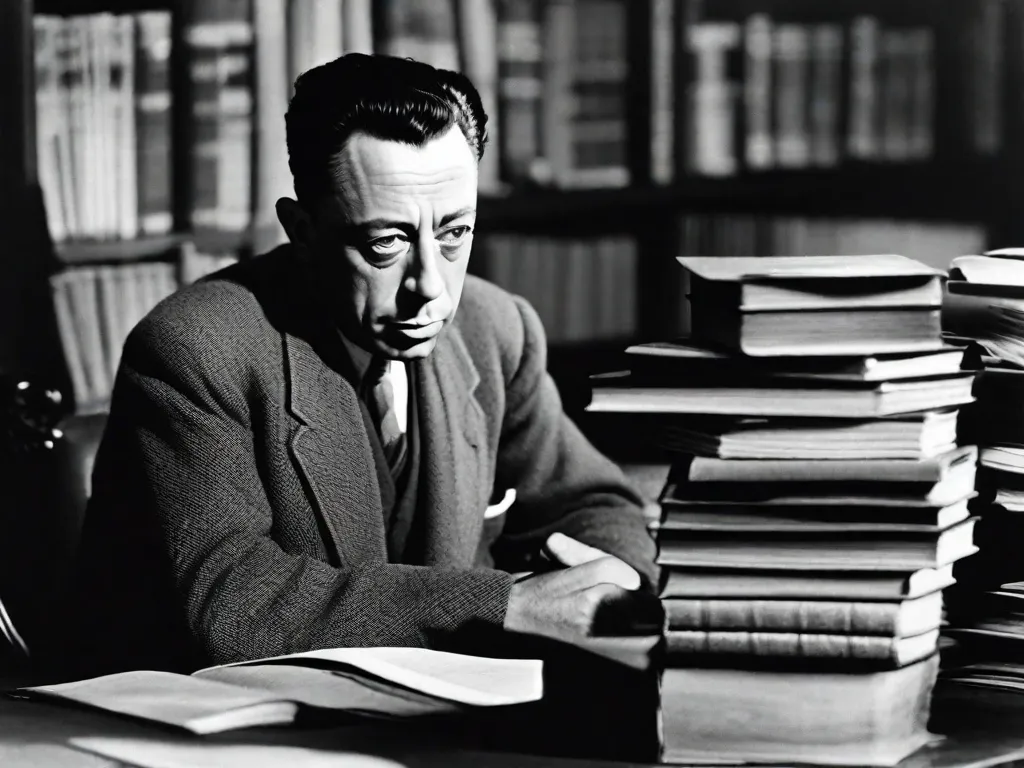 Descrição da imagem: Uma fotografia em preto e branco de Albert Camus, o renomado filósofo e escritor francês. Ele está capturado em uma pose pensativa, sentado em uma mesa com uma máquina de escrever na frente dele. A imagem exala profundidade intelectual e contemplação, refletindo as contribuições filosóficas de Camus e seu gênio literário.