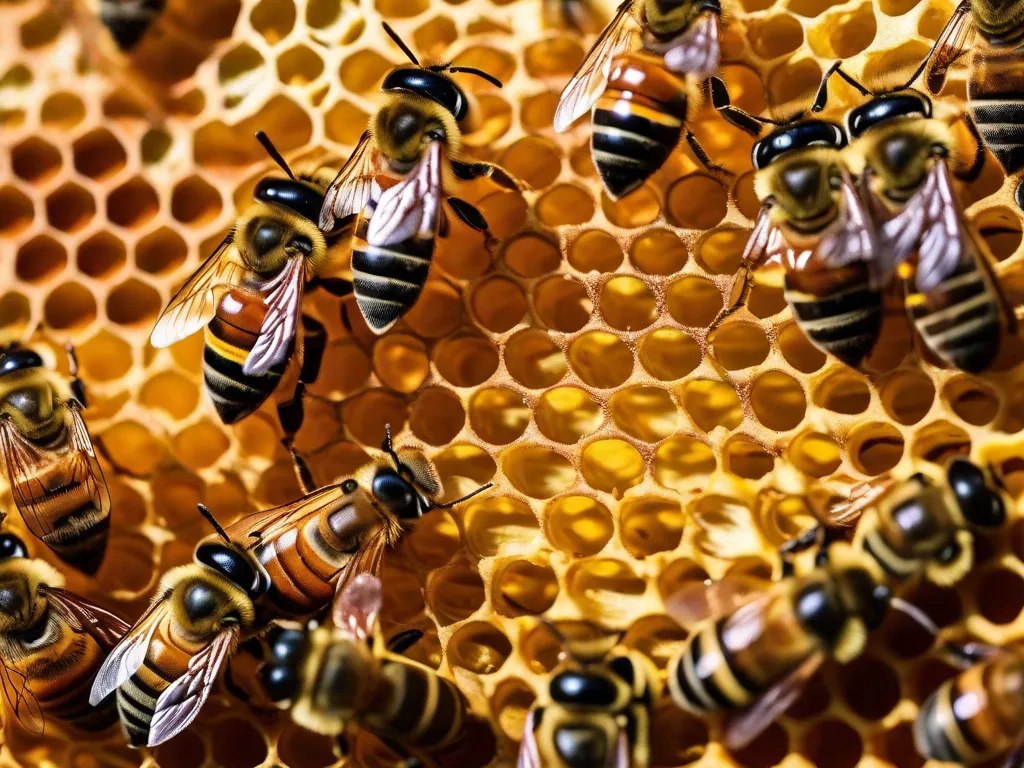 Descrição da imagem: Uma fotografia em close de uma colmeia com abelhas zumbindo ao redor. A colmeia está cheia de favos de mel, mostrando a estrutura intricada criada pelas abelhas. A imagem captura a essência da apiterapia, destacando as propriedades naturais de cura dos produtos das abelhas, como mel, própolis e veneno de abelha.