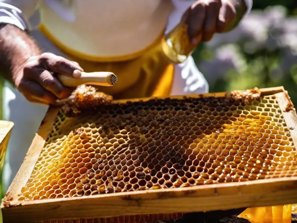 Descrição: Uma imagem em close-up da mão de um apicultor segurando delicadamente um favo de mel cheio de mel dourado. As cores vibrantes do mel contrastam lindamente com a cera escura das abelhas. A imagem captura a essência da apiterapia, mostrando as propriedades naturais de cura dos produtos das abelhas.