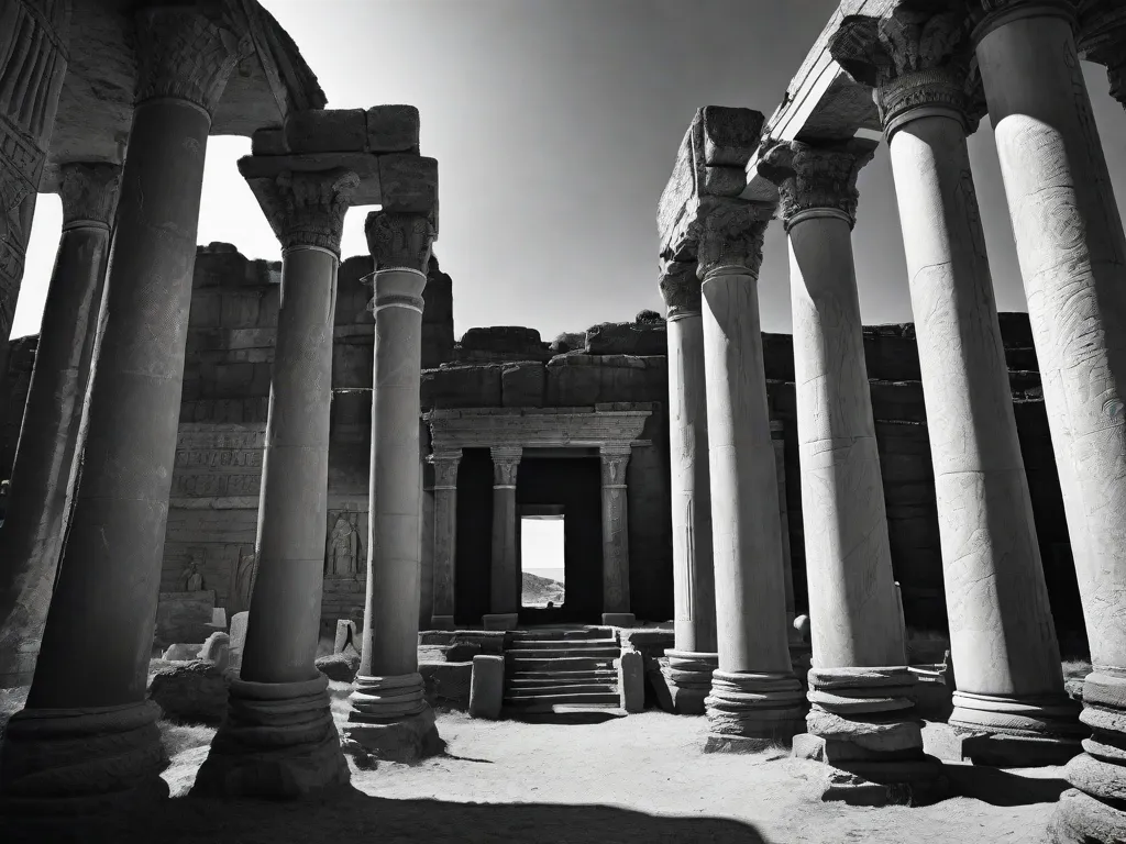 Descrição: Uma fotografia em preto e branco de um antigo sítio arqueológico, mostrando os vestígios de uma grandiosa civilização histórica. A imagem captura as estruturas de pedra desgastadas, as esculturas intricadas e as colunas imponentes, evocando uma sensação de admiração e curiosidade sobre os mistérios do passado.