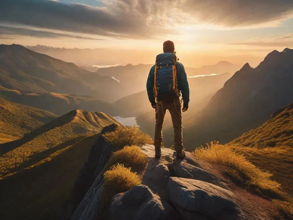 Uma imagem deslumbrante captura a essência da aventura, enquanto um solitário caminhante fica no topo de uma montanha imponente, cercado por uma vasta e intocada natureza selvagem. Os raios dourados do sol poente iluminam a paisagem acidentada, convidando o espectador a embarcar em sua própria jornada emocionante de exploração e descoberta.