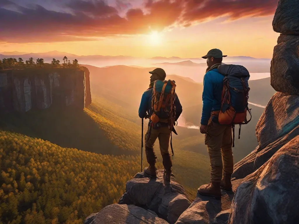 Descrição: Uma imagem de tirar o fôlego de um grupo de aventureiros em pé na beira de um penhasco imponente, com vista para uma vasta extensão de natureza intocada. O pôr do sol vibrante lança um brilho quente na paisagem acidentada, instigando-os a embarcar em sua próxima aventura emocionante. O sentimento de empolgação e antec