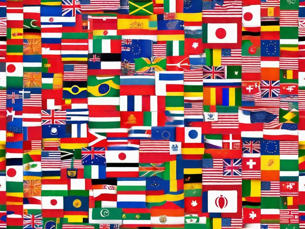 Uma imagem vibrante que exibe uma variedade de bandeiras coloridas representando diferentes idiomas ao redor do mundo. Cada bandeira simboliza a rica diversidade de culturas e o poder da comunicação através de diferentes línguas. A imagem captura a essência da diversidade linguística e a beleza da linguagem como um meio de conexão e compreensão.