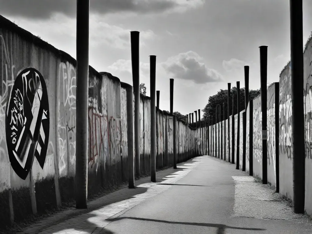 Uma fotografia em preto e branco do icônico Muro de Berlim, erguido imponente e dividindo a cidade. Grafites cobrem a superfície de concreto, representando a luta pela liberdade e o significado histórico dessa barreira na formação da história mundial.