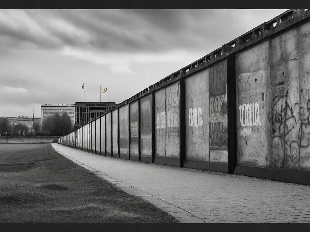 Uma fotografia em preto e branco do Muro de Berlim, erguido alto e dividindo a cidade em dois. A imagem captura a tensão e a importância desse marco histórico, simbolizando a divisão entre o Leste e o Oeste durante a era da Guerra Fria.