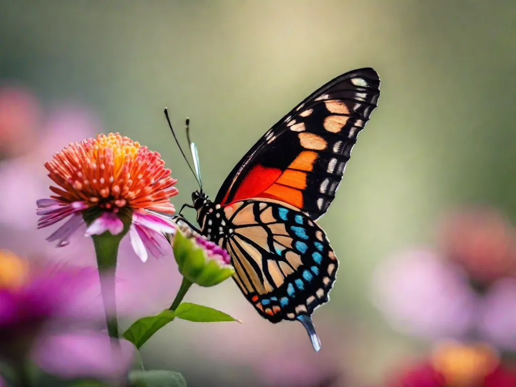 Descrição da imagem: Uma fotografia em close-up de uma borboleta vibrante pousada em uma flor em plena floração. Os padrões intricados e as cores vibrantes das asas da borboleta são capturados de forma bela, mostrando o fascinante mundo dos insetos e a beleza encontrada na natureza.