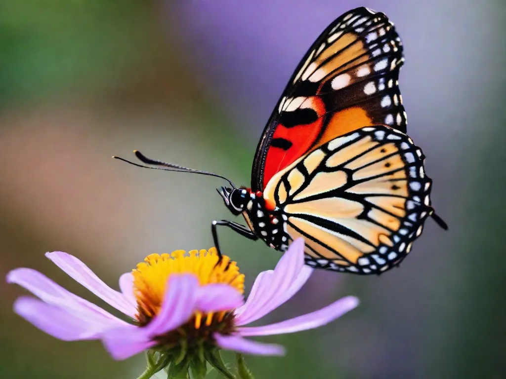 Uma imagem em close de uma borboleta vibrante pousada em uma flor em plena floração, exibindo os padrões e cores intricados de suas asas. As delicadas antenas e detalhes intricados do corpo da borboleta são visíveis, destacando o fascinante mundo da entomologia.