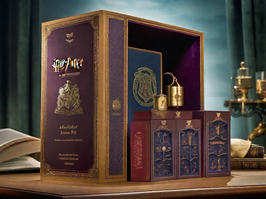 Uma imagem em close-up de um box set do Harry Potter, edição limitada e maravilhosamente trabalhada, celebrando o 20º aniversário da amada série. A caixa é adornada com ilustrações intricadas retratando cenas e personagens icônicos, capturando a magia e o encanto que cativaram leitores ao redor do mundo por duas décadas.