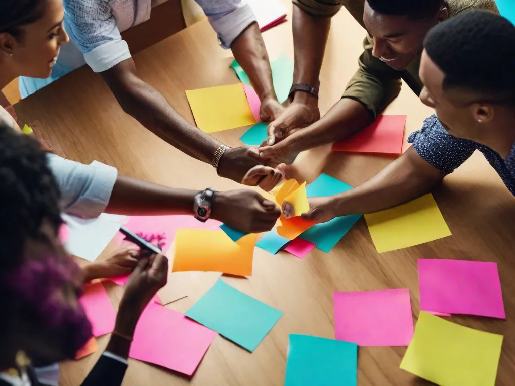 A imagem retrata um grupo de profissionais reunidos ao redor de uma lousa, fazendo uma tempestade de ideias para estratégias de marketing. Eles estão envolvidos em uma discussão animada, trocando ideias e apontando para diferentes seções da lousa. A imagem simboliza colaboração, criatividade e a natureza dinâmica das estratégias de marketing.