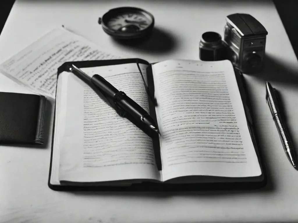 Uma fotografia em preto e branco de um caderno desgastado, aberto em cima de uma mesa, cheio de páginas escritas à mão. A caneta, agora descansando ao lado, simboliza a jornada de uma autobiografia inspiradora. A imagem captura a essência da resiliência, do crescimento e do poder das narrativas pessoais.