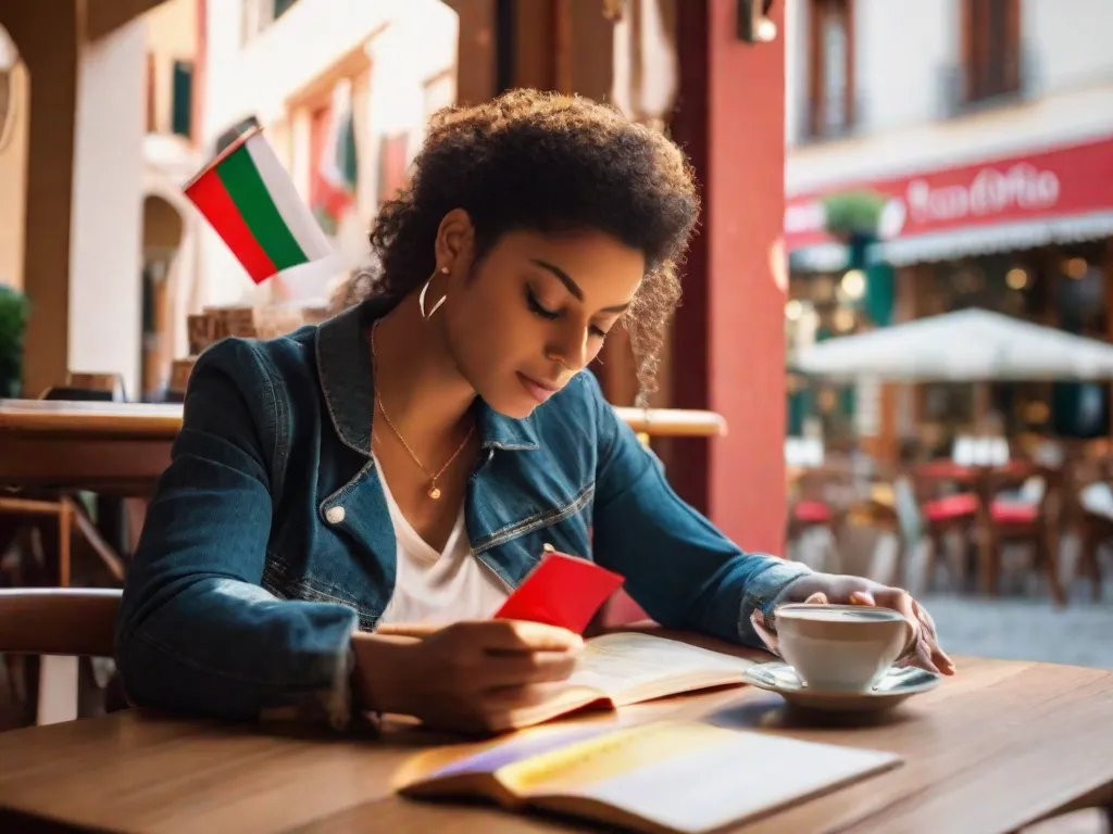 Descrição: Uma imagem de uma pessoa sentada em um café aconchegante na Itália, saboreando um cappuccino enquanto estuda cartões de vocabulário italiano. A pessoa está rodeada por livros coloridos de idiomas e uma pequena bandeira italiana é exibida na mesa. A luz do sol quente ilumina a cena, criando uma atmosfera perfeita para aprender italiano.