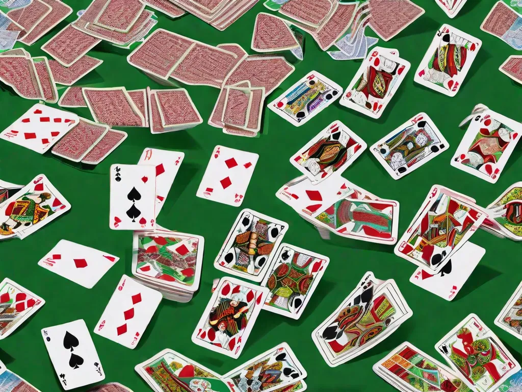 Uma imagem em close-up de uma mesa de pôquer, com uma superfície vibrante de feltro verde e um baralho de cartas espalhadas por ela. A mesa está cercada por jogadores intensos, seus rostos cheios de concentração e antecipação. A imagem captura a atmosfera emocionante de um jogo de pôquer de alto risco.