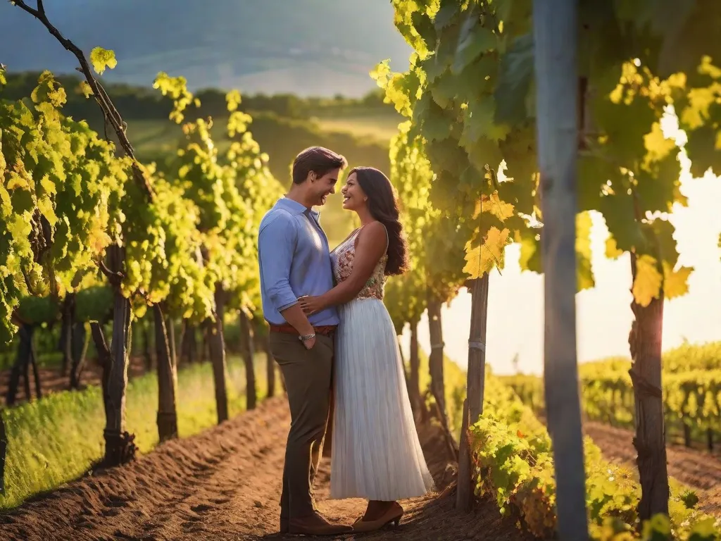 Descrição da imagem: Em um cenário de uma vinícola pitoresca, um casal está de mãos dadas, aproveitando os raios dourados do sol poente. Seus sorrisos irradiam pura alegria e amor enquanto eles se abraçam, cercados por videiras exuberantes e a promessa de um futuro lindo juntos.