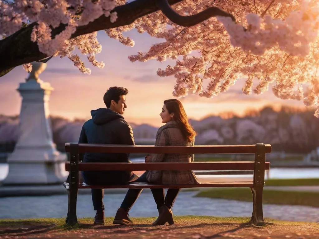 Um jovem casal senta-se em um banco pitoresco de um parque, suas mãos entrelaçadas enquanto se olham nos olhos. O sol poente lança um brilho quente em seus rostos, enquanto as cerejeiras próximas adicionam um toque de encanto ao seu romance florescente.