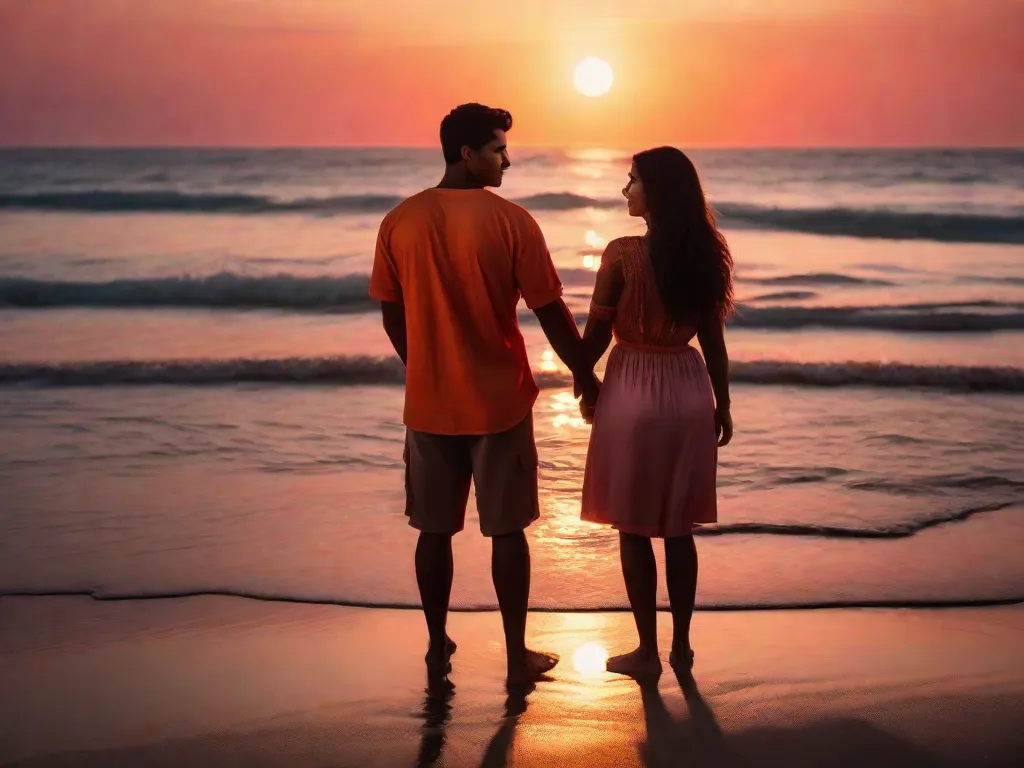 Na imagem, um casal fica próximo um do outro em uma praia de areia ao pôr do sol. As cores quentes do sol poente pintam o céu em tons de laranja e rosa, lançando um brilho romântico sobre a cena. Eles se abraçam apaixonadamente, o amor evidente em seus olhos e no toque suave de suas mãos.