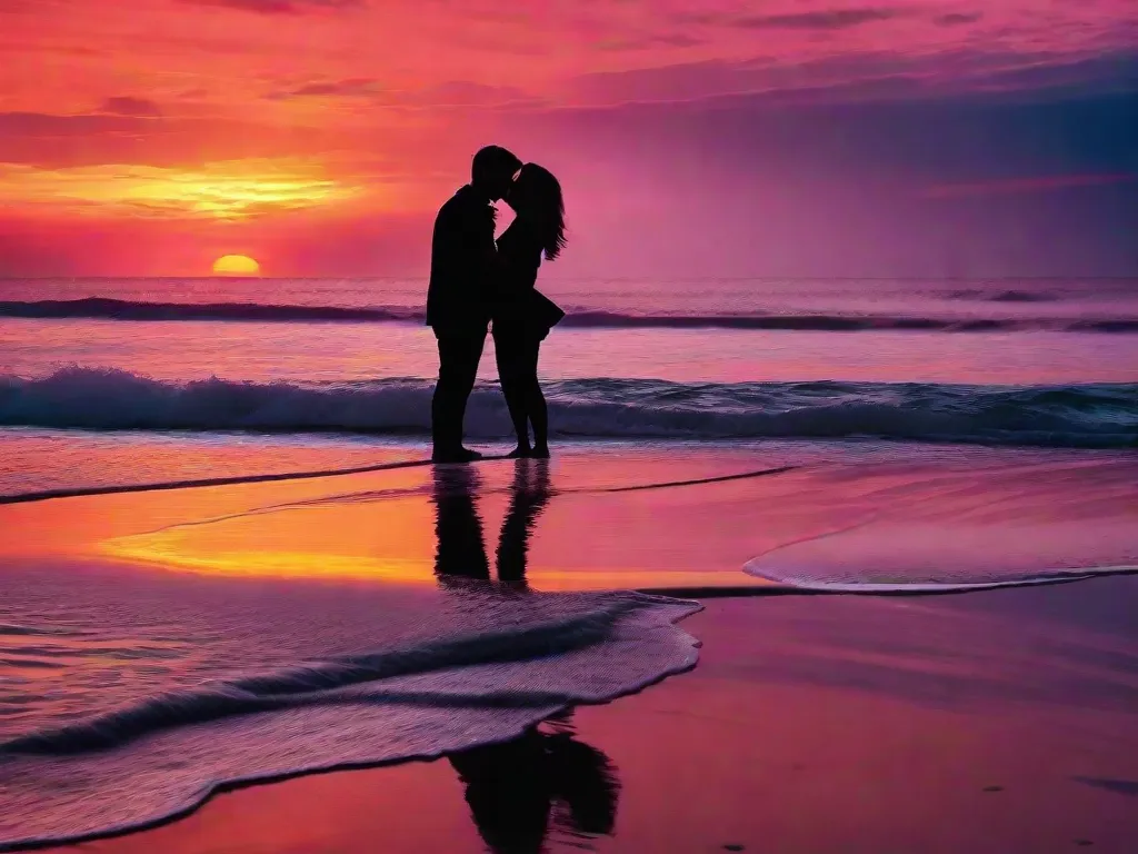 Na imagem, um casal fica próximo um do outro em uma praia de areia ao pôr do sol. As cores quentes do sol poente pintam o céu em tons de laranja e rosa, lançando um brilho romântico sobre a cena. Eles se abraçam apaixonadamente, o amor evidente em seus olhos e no toque suave de suas mãos.