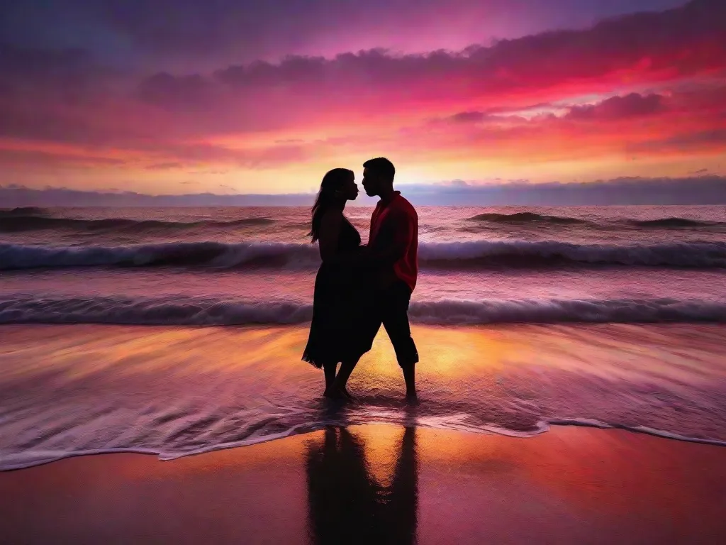 Um casal fica em uma praia isolada ao pôr do sol, suas silhuetas enquadradas pelas cores vibrantes do céu. Com as ondas do oceano suavemente batendo na praia, eles compartilham um abraço apaixonado, seu amor irradiando pelo ar enquanto a temperatura aumenta com sua conexão ardente.