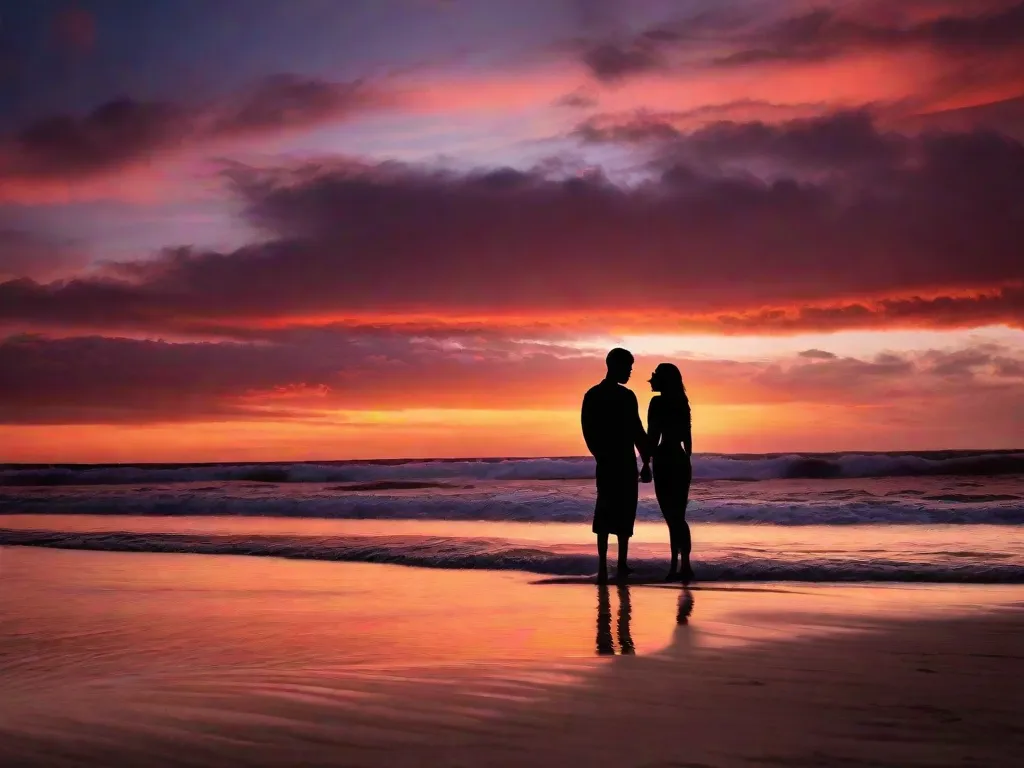 Um casal fica em uma praia de areia, em silhueta contra os tons ardentes de um pôr do sol. O brilho quente cria uma atmosfera romântica enquanto eles se abraçam, seus corpos entrelaçados, perdidos em um beijo apaixonado. O calor do amor deles irradia através da imagem, acendendo um sentimento de desejo e saudade.