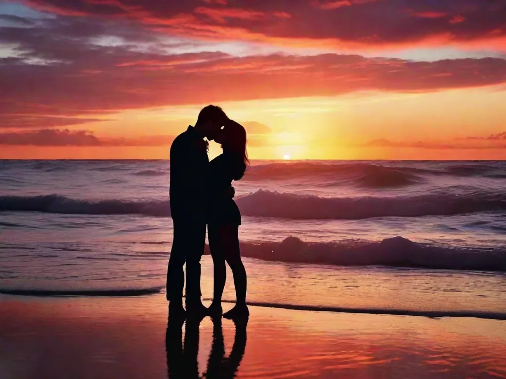 Um casal fica em uma praia pitoresca ao pôr do sol, suas silhuetas enquadradas pelas cores vibrantes do céu. Eles se abraçam, perdidos em um beijo apaixonado, enquanto as ondas suavemente quebram na costa, simbolizando a inocência juvenil e o amor ilimitado do romance jovem.
