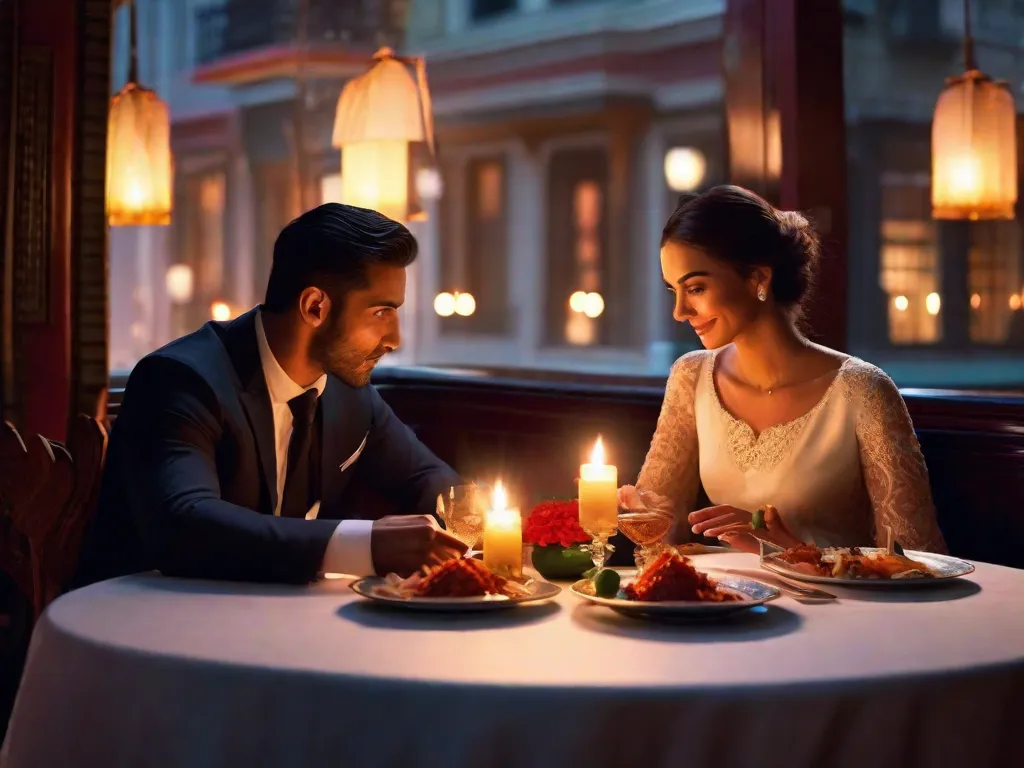Um casal senta-se à mesa iluminada por velas em um restaurante levemente iluminado. Seus olhos se encontram apaixonadamente enquanto compartilham um prato de tapas picantes. A luz das velas tremeluzentes projeta um brilho romântico em seus rostos, enquanto suas mãos se aproximam uma da outra, acendendo uma conexão ardente que crepita com desejo.