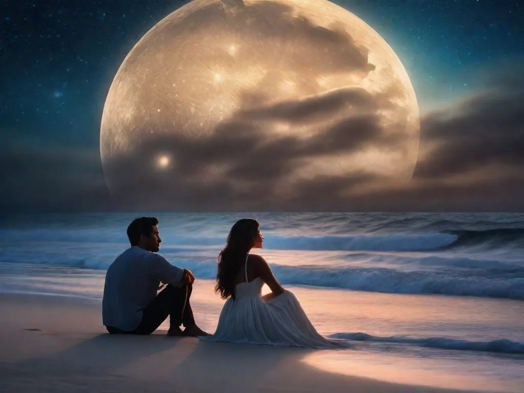 Um casal senta-se em uma praia iluminada pela lua, suas mãos se tocando suavemente enquanto eles se olham nos olhos. Um brilho suave os envolve, simbolizando a conexão espiritual que compartilham. A beleza etérea do céu noturno reflete o seu amor profundo, criando uma cena hipnotizante de romance mediúnico.