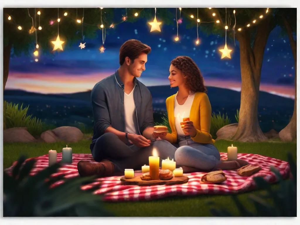 Um casal senta em um cobertor em um parque, cercado por velas tremeluzentes e luzes de fadas. Eles compartilham um simples piquenique de sanduíches caseiros e vinho barato, admirando as estrelas acima. Seu amor brilha mais do que qualquer gesto caro, provando que o romance não precisa custar caro.