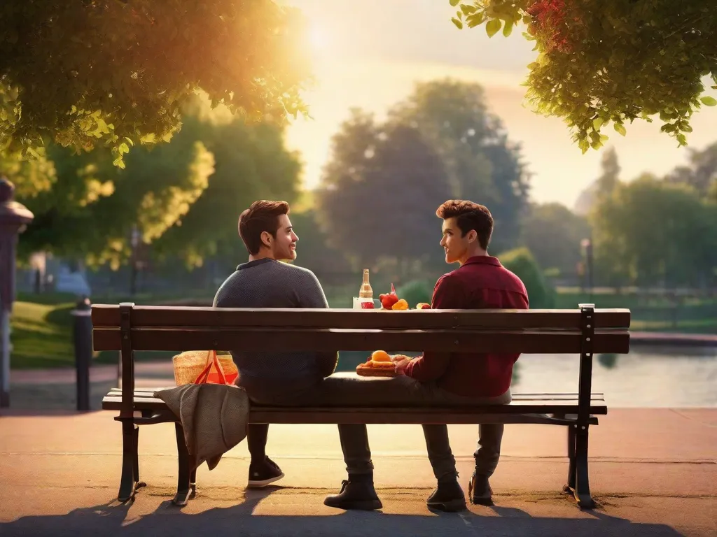Um casal senta em um banco de parque, compartilhando um piquenique caseiro de sanduíches e frutas. O sol se põe atrás deles, lançando um brilho quente enquanto eles se olham amorosamente nos olhos, apreciando os momentos simples, mas belos, do seu romance acessível.