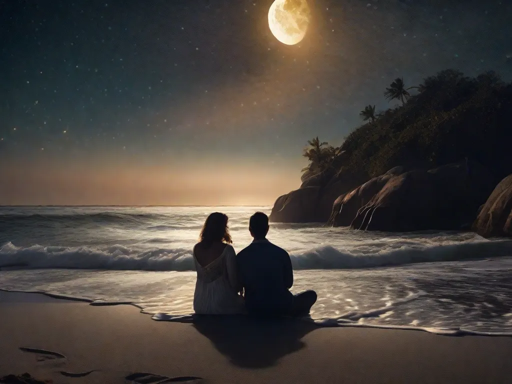Um casal senta-se em uma praia iluminada pela lua, suas mãos suavemente entrelaçadas enquanto eles contemplam as estrelas acima. Ondas suaves batem na costa, criando um pano de fundo sereno para sua conexão profunda, transcendendo o reino físico e abraçando a beleza do amor espiritual.