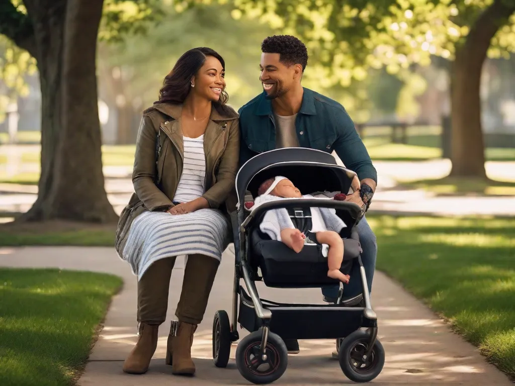 Descrição da imagem: Um casal amoroso, ambos vestidos casualmente, sentados em um banco de parque com os braços ao redor um do outro. Eles estão sorrindo e olhando para o seu recém-nascido aconchegado em um carrinho ao lado deles. A luz do sol passa pelas árvores, criando uma atmosfera quente e tranquila.