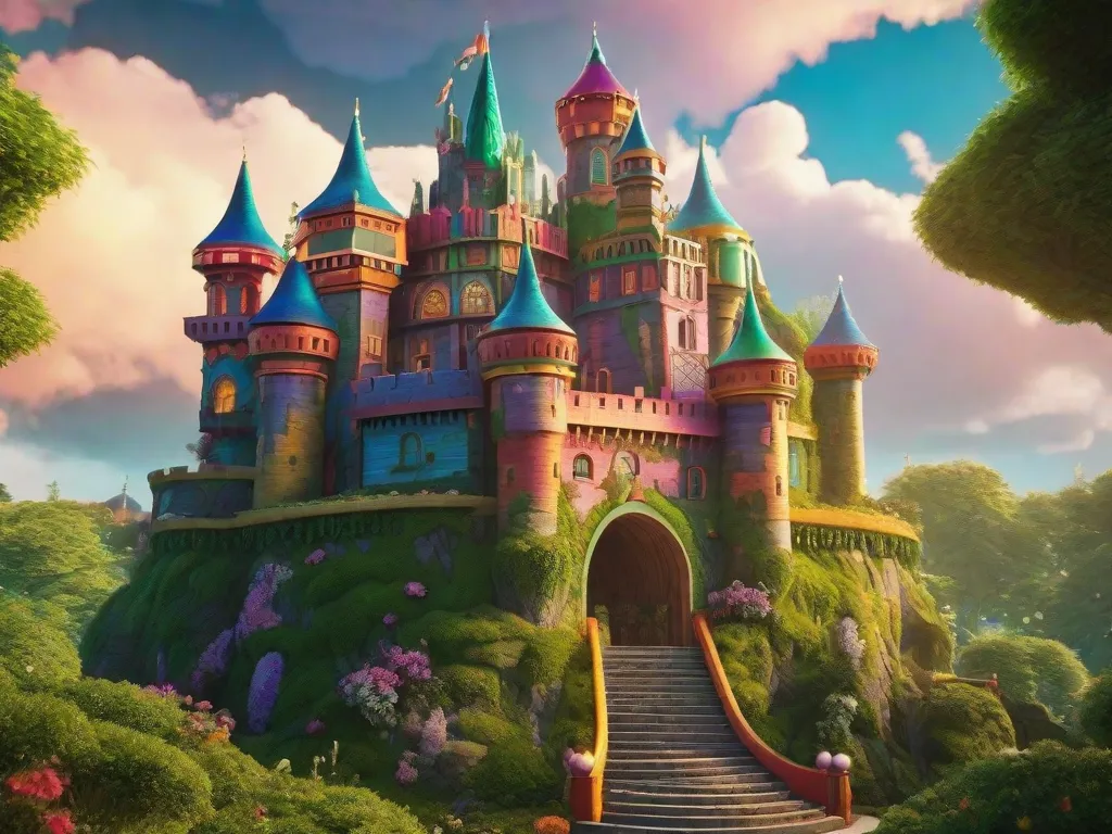 Descrição: Uma ilustração encantadora apresentando um castelo mágico e animado feito inteiramente de caixas. Cada caixa é adornada com cores vibrantes e padrões intricados, criando uma visão cativante. O castelo ergue-se alto em meio a uma paisagem verde exuberante, com nuvens rodopiantes e um toque de encantamento no ar.