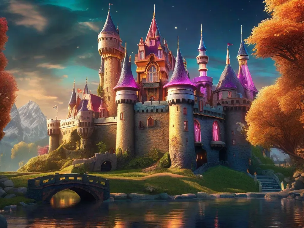 Descrição: Uma ilustração caprichosa de um castelo mágico e animado. O castelo ergue-se imponente com suas torres e torreões, adornado com cores vibrantes e detalhes intrincados. Ele exala uma aura encantadora, como se guardasse inúmeros segredos e aventuras dentro de suas paredes.