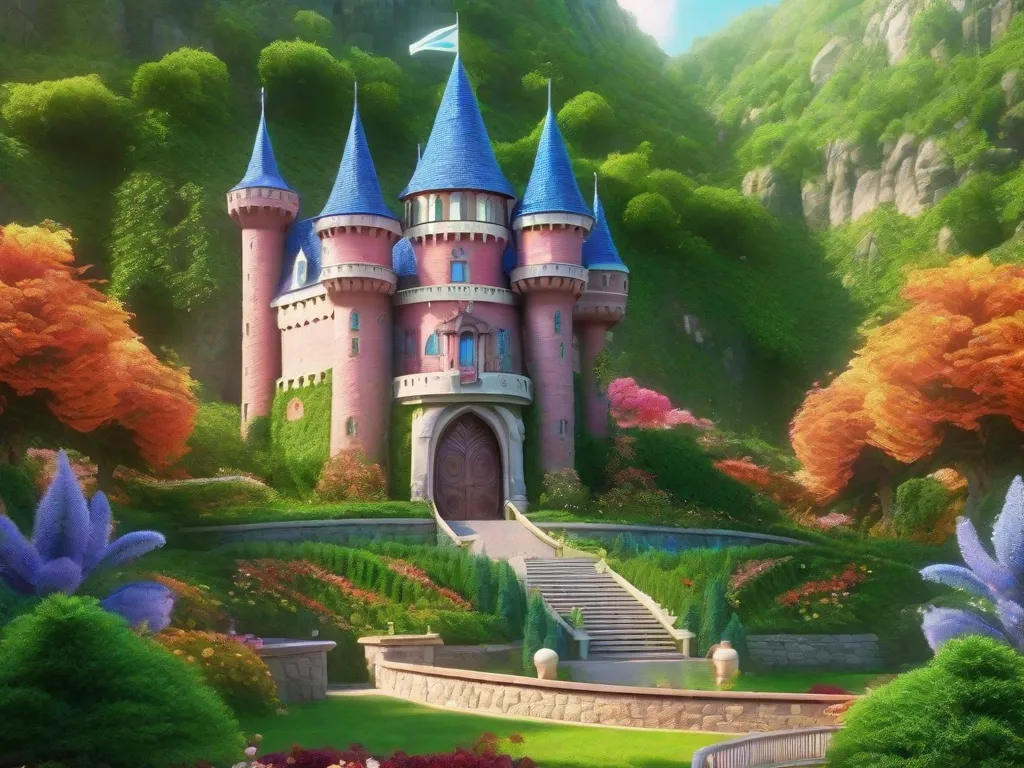 Descrição: Uma ilustração caprichosa de um castelo mágico e animado cercado por vegetação exuberante. O castelo ergue-se alto com suas torres e pináculos, adornados com bandeiras vibrantes. Fios de mágica colorida flutuam no ar, adicionando um toque encantador à cena.