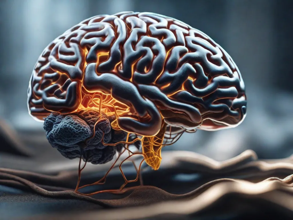 Descrição da imagem: Uma fotografia em close-up de um cérebro humano, mostrando as intrincadas conexões neurais e vias. A imagem destaca a complexidade da mente humana, simbolizando o aspecto evolutivo da psicologia.
