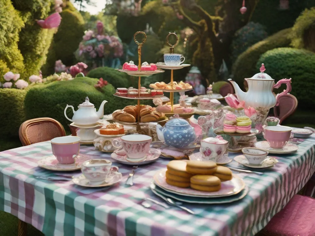 Uma imagem extravagante de um chá da tarde ambientado em um jardim surreal. Uma longa mesa coberta por uma toalha quadriculada é adornada com xícaras de chá, pratos e doces coloridos, todos descombinados. Personagens excêntricos, como o Chapeleiro Maluco e o Gato de Cheshire, se reúnem ao redor, envolvidos em conversas anim