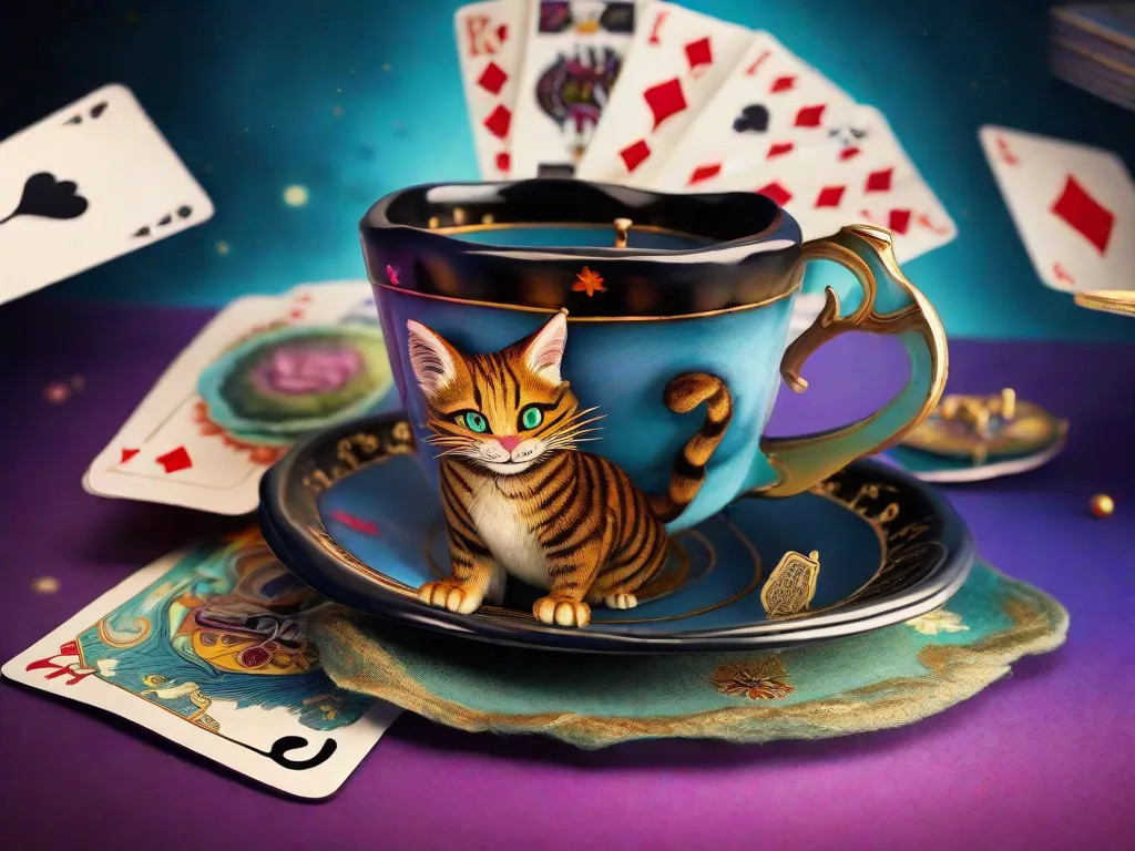 Uma imagem extravagante de uma xícara de chá flutuando no ar, cercada por cartas de baralho coloridas e um travesso Gato de Cheshire sorrindo de orelha a orelha. A cena encantadora captura o mundo imaginativo de Lewis Carroll, evocando a magia e o encanto de suas amadas histórias como Alice no País das Maravilhas e Alice Através do