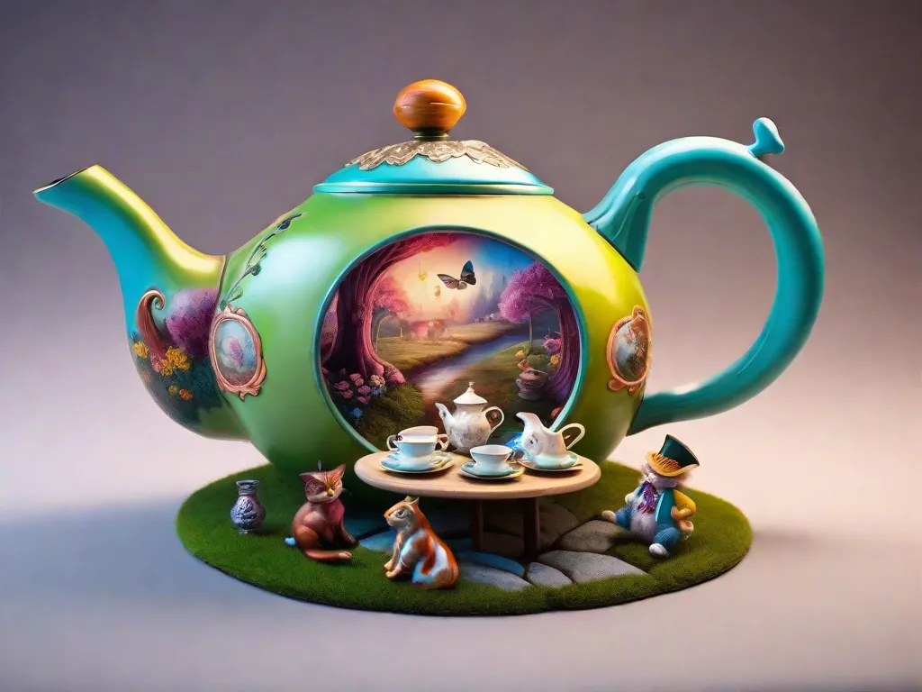 Uma imagem extravagante de uma xícara de chá flutuando no ar, cercada por cartas de baralho coloridas e um travesso Gato de Cheshire sorrindo de orelha a orelha. A cena encantadora captura o mundo imaginativo de Lewis Carroll, evocando a magia e o encanto de suas amadas histórias como Alice no País das Maravilhas e Alice Através do