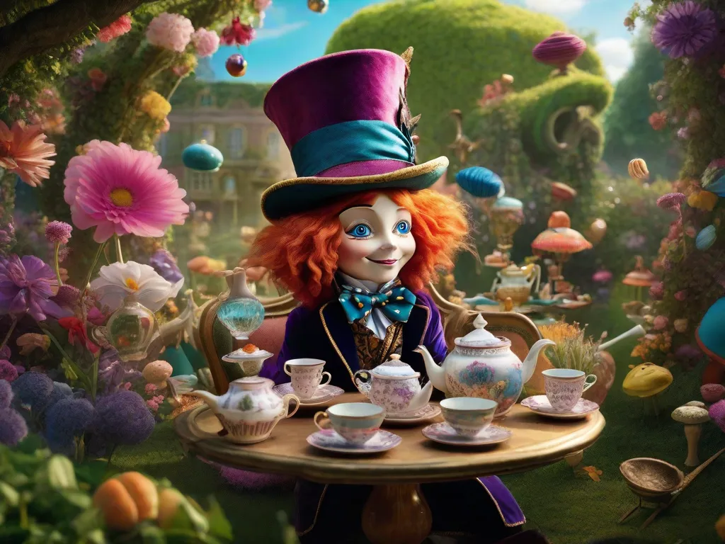 Descrição: Uma imagem caprichosa que captura a essência do mundo literário de Lewis Carroll. Uma festa de chá ambientada em um jardim mágico, com personagens excêntricos como o Chapeleiro Maluco, o Gato de Cheshire e a própria Alice. Cores vibrantes, xícaras de chá flutuando no ar e uma sensação de curiosidade e encantamento preenchem