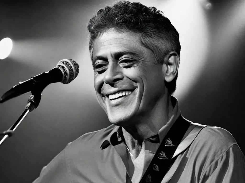 Descrição da imagem:
Uma fotografia em preto e branco capturando o icônico cantor e compositor brasileiro Chico Buarque em um momento de expressão artística no palco. Com seu violão em mãos, ele canta apaixonadamente, seus olhos fechados e seu rosto iluminado pelo holofote, cativando a plateia com sua performance emocionante.