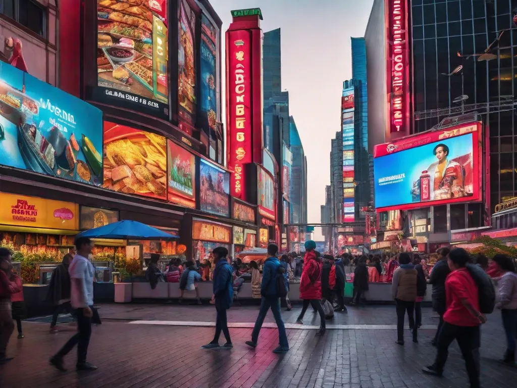 Uma imagem vibrante e colorida de uma movimentada rua da cidade, alinhada com outdoors, letreiros de neon e anúncios. A comunicação visual é evidente à medida que as pessoas passam, cativadas pelos estímulos visuais, enquanto outras interagem com seus smartphones, simbolizando a interseção das formas tradicionais e digitais de comunicação visual.