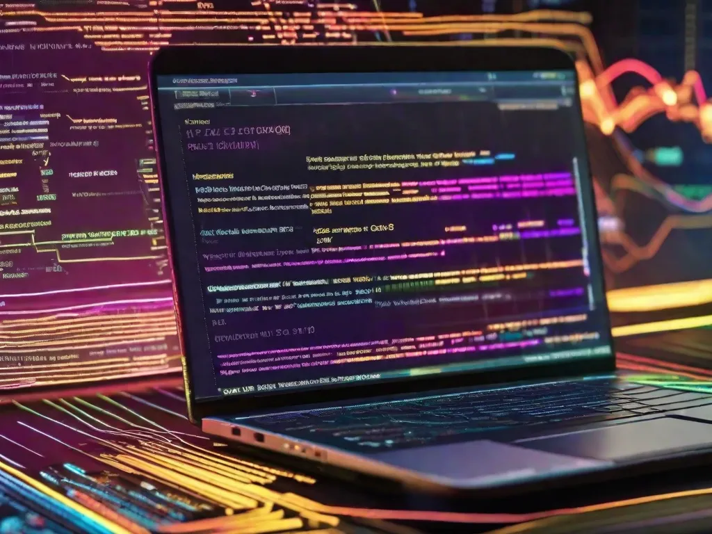 Uma imagem em close-up de uma tela de laptop exibindo linhas de código e um framework de desenvolvimento web. As cores vibrantes do código destacam a complexidade e a complexidade do desenvolvimento web, simbolizando o processo de criação de sites dinâmicos e interativos.