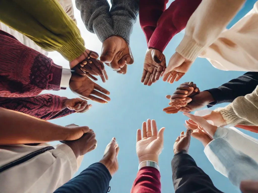 Descrição da imagem: Um grupo diversificado de indivíduos de diferentes origens e culturas, em pé juntos em um círculo com as mãos unidas. Eles estão envolvidos em uma conversa animada, demonstrando empatia e apoio mútuo. Essa imagem representa a essência da psicologia comunitária, destacando a importância da colaboração, inclusão e bem-estar coletivo.