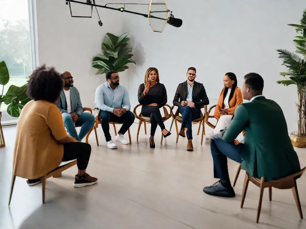 Descrição da imagem: Um grupo de pessoas diversas sentadas em círculo, envolvidas em uma conversa animada. Elas estão ouvindo ativamente, falando e fazendo gestos, demonstrando uma comunicação eficaz. O ambiente está cheio de abertura, compreensão e colaboração, refletindo o poder da comunicação em promover conexões e construir relacionamentos.