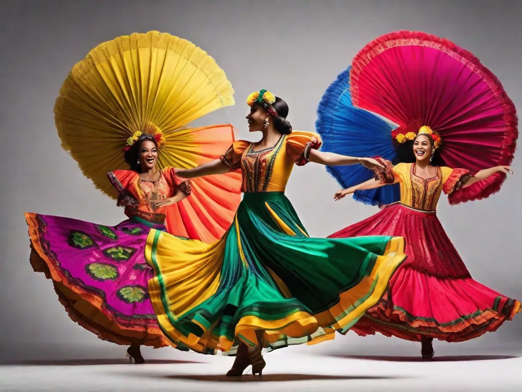 Uma imagem vibrante de uma apresentação de dança folclórica tradicional brasileira, com dançarinos vestidos com trajes coloridos, rodopiando ao ritmo de uma música animada. Os movimentos dos dançarinos capturam a essência do folclore brasileiro, celebrando a rica herança cultural e diversidade do país.