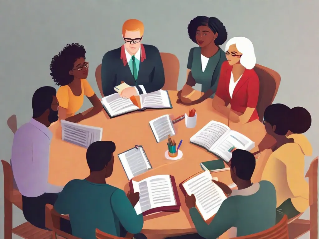 Descrição da imagem: Um grupo de adultos diversos sentados em círculo, envolvidos em uma discussão animada sobre educação. Eles estão segurando livros, cadernos e canetas, simbolizando a troca de conhecimento e ideias. A imagem representa o aspecto sociológico da educação, destacando a importância da colaboração e do pensamento crítico na formação dos sistemas educacionais.