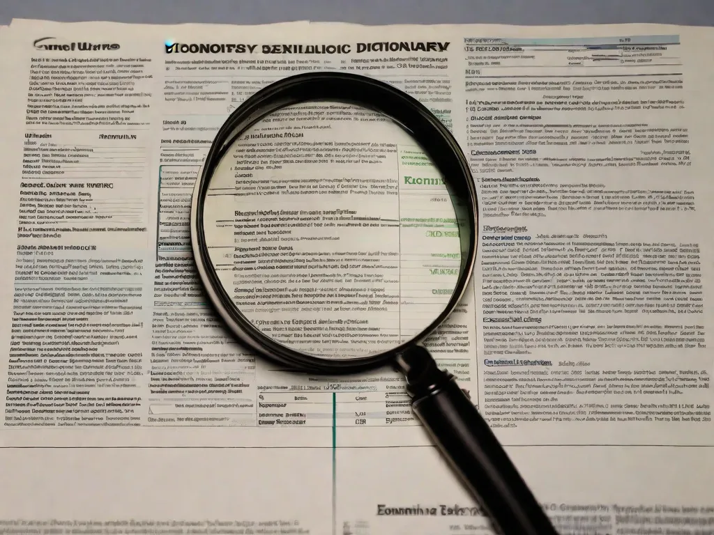 Descrição da imagem: Um close-up da mão de uma pessoa segurando uma lupa sobre uma página de um dicionário de economia grosso. A página mostra várias definições relacionadas a termos econômicos, destacando a complexidade e profundidade do assunto. A imagem representa a importância de entender conceitos econômicos e a necessidade de recursos abrangentes, como dicionários, para navegar no campo.